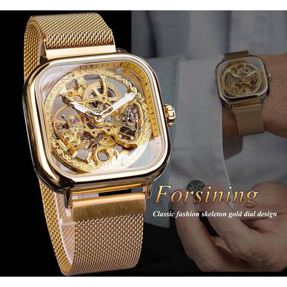 FORSINING AUTOMATIC SKELETON WATCH GOLD SILVER BLACK MESH STRAP WATER RESISTANT STAINLESS STEEL AUTOMATIC MOVEMENT COMES A GIFT BOX ENQUIRIES