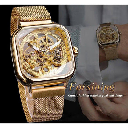 FORSINING AUTOMATIC SKELETON WATCH GOLD SILVER BLACK MESH STRAP WATER RESISTANT STAINLESS STEEL AUTOMATIC MOVEMENT COMES A GIFT BOX ENQUIRIES