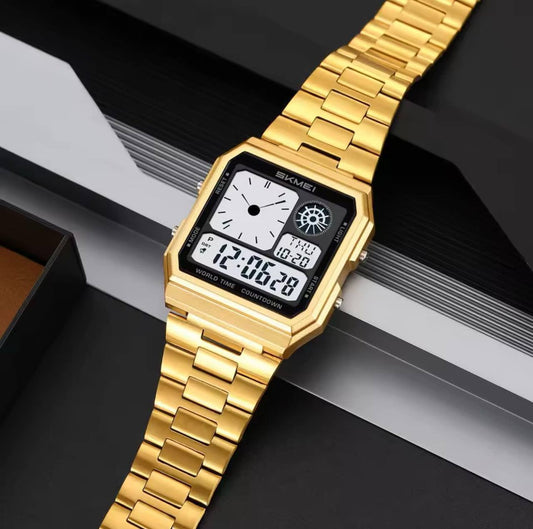 SKMEI MEN DIGITAL 2353 GOLD SILVER ALARM,DATE,STOPWATCH LUMINOUS DIAL BATTERY POWERED STAINLESS STEEL WATER RESISTANCE 30M ENGRAVING SERVICES