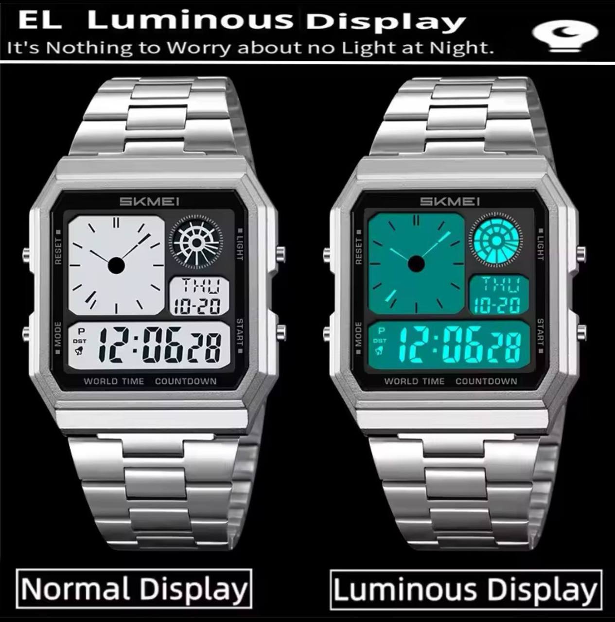 SKMEI MEN DIGITAL 2353 GOLD SILVER ALARM,DATE,STOPWATCH LUMINOUS DIAL BATTERY POWERED STAINLESS STEEL WATER RESISTANCE 30M ENGRAVING SERVICES