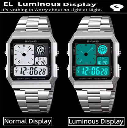 SKMEI MEN DIGITAL 2353 GOLD SILVER ALARM,DATE,STOPWATCH LUMINOUS DIAL BATTERY POWERED STAINLESS STEEL WATER RESISTANCE 30M ENGRAVING SERVICES