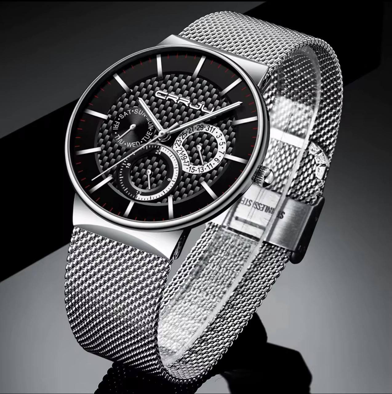 CRRJU CHRONOGRAPH MESH GENTS WATCH DATE DISPLAY WATER RESISTANT MESH STRAP BATTERY POWERED ⃣2 COLOR OPTIONS ENGRAVING SERVICES ENQUIRIES