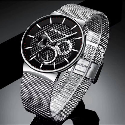 CRRJU CHRONOGRAPH MESH GENTS WATCH DATE DISPLAY WATER RESISTANT MESH STRAP BATTERY POWERED ⃣2 COLOR OPTIONS ENGRAVING SERVICES ENQUIRIES