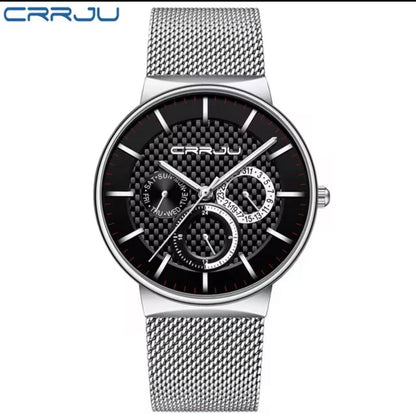 CRRJU CHRONOGRAPH MESH GENTS WATCH DATE DISPLAY WATER RESISTANT MESH STRAP BATTERY POWERED ⃣2 COLOR OPTIONS ENGRAVING SERVICES ENQUIRIES