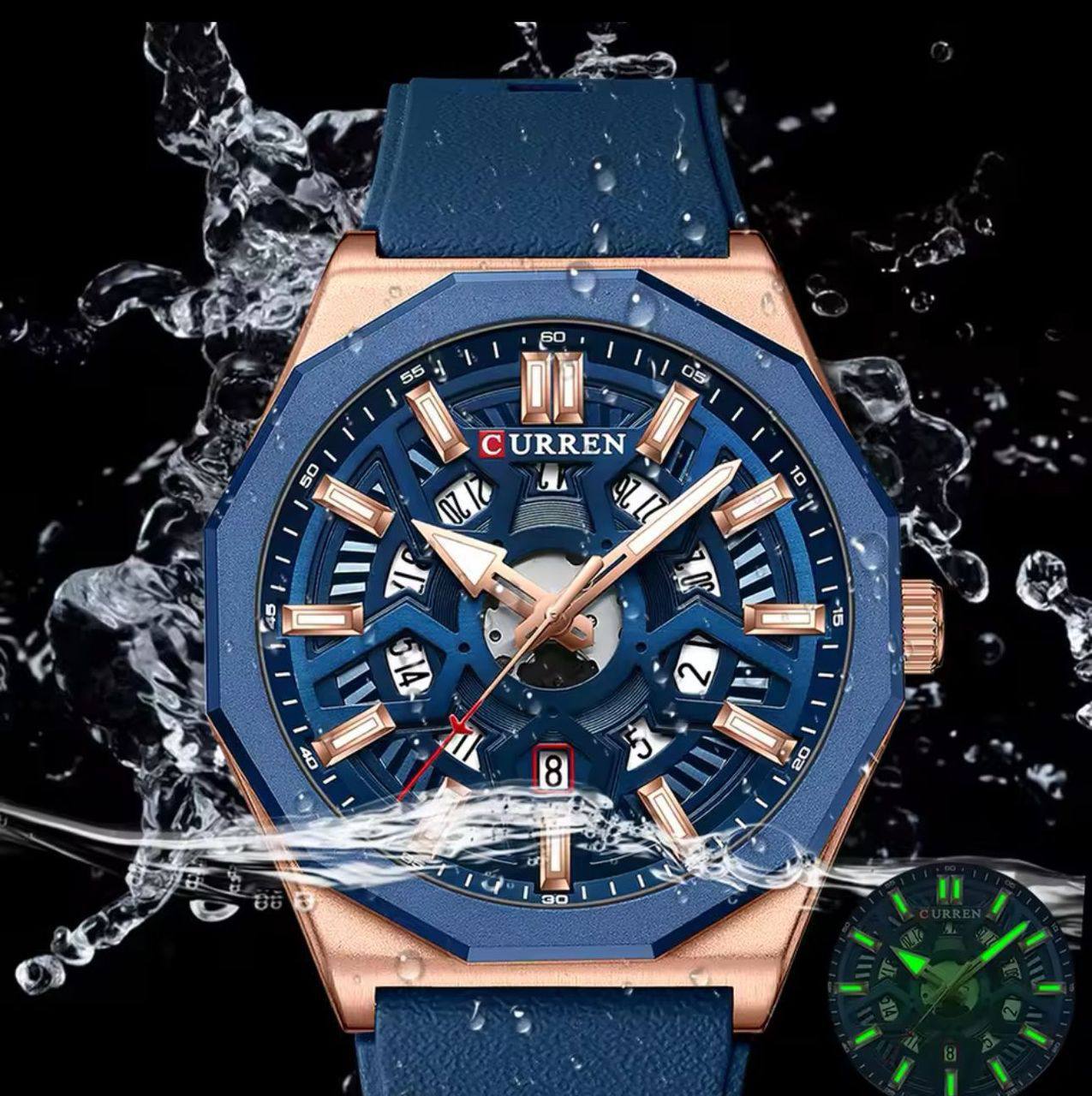 CURREN GENTS #8437 WATER RESISTANT BATTERY POWERED DATE DISPLAY LUMINOUS RUBBER STRAP ENGRAVING SERVICES