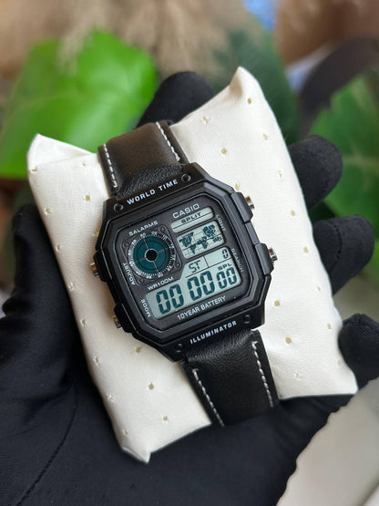 CASIO WORLDTIME WORLD TIME COUNT DOWN TIMER 5 ALARMS BATTERY POWERED LEATHER STRAP WATER RESISTANT CASIO BRANDED BLUE BOX ENQUIRIES