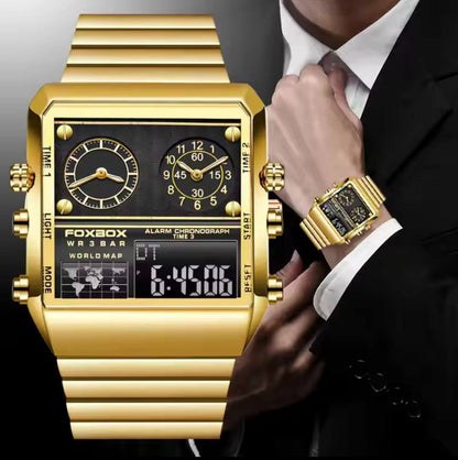 FOXBOX DUAL DISPLAY WATCH GOLD BLACK SILVER NIGHT GLOWING WORLD MAP ALARM LIGHT BUTTON WATER RESISTANT 3BAR BATTERY POWERED COMES A BRANDED BOX AND ENQUIRIES