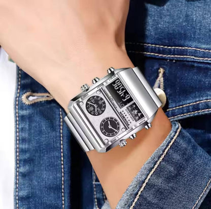 FOXBOX DUAL DISPLAY WATCH GOLD BLACK SILVER NIGHT GLOWING WORLD MAP ALARM LIGHT BUTTON WATER RESISTANT 3BAR BATTERY POWERED COMES A BRANDED BOX AND ENQUIRIES