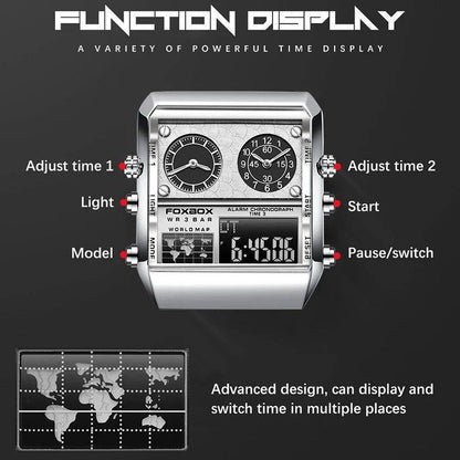 FOXBOX DUAL DISPLAY WATCH GOLD BLACK SILVER NIGHT GLOWING WORLD MAP ALARM LIGHT BUTTON WATER RESISTANT 3BAR BATTERY POWERED COMES A BRANDED BOX AND ENQUIRIES