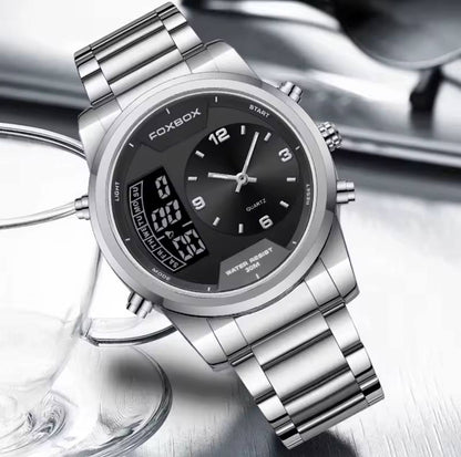 FOXBOX FB0058E STOP WATCH ALARM DAY AND DATE DISPLAY BACKLIGHT 12/24 HRS FORMAT WATERPROOF TO 30 METERS ENGRAVING SERVICES ENQUIRIES