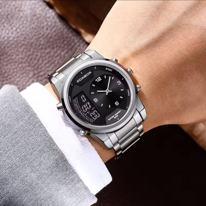 FOXBOX FB0058E STOP WATCH ALARM DAY AND DATE DISPLAY BACKLIGHT 12/24 HRS FORMAT WATERPROOF TO 30 METERS ENGRAVING SERVICES ENQUIRIES