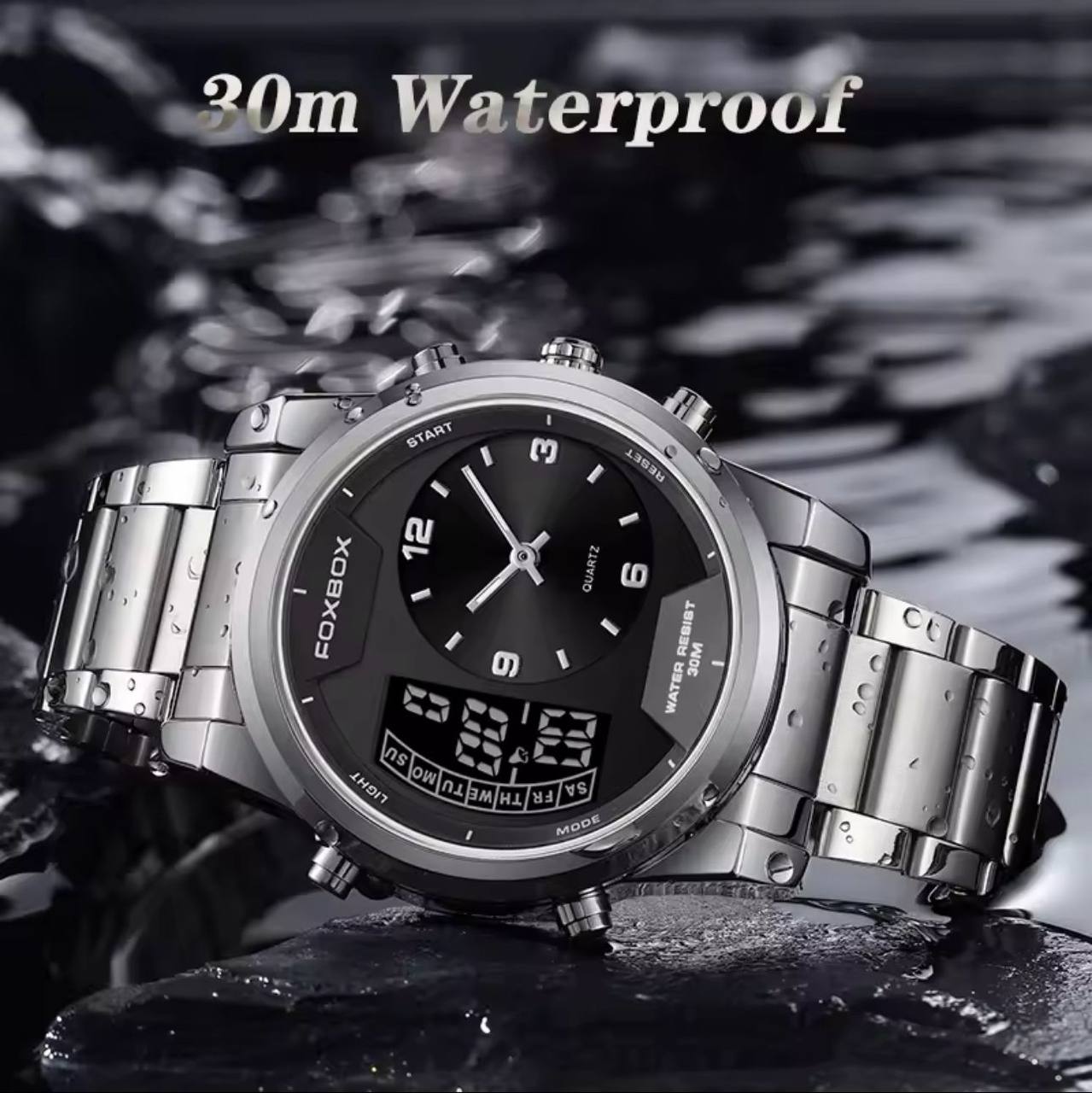 FOXBOX FB0058E STOP WATCH ALARM DAY AND DATE DISPLAY BACKLIGHT 12/24 HRS FORMAT WATERPROOF TO 30 METERS ENGRAVING SERVICES ENQUIRIES