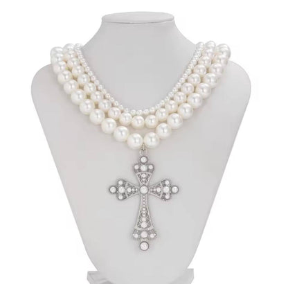 WHITE CROSS PENDANTS MULTILAYED PEARL NECKLACES 3 DETACHABLE HIGH QUALITY ENQUIRIES