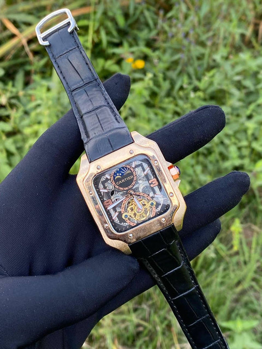 CARTIER AUTOMATIC LEATHER STRAP AUTOMATIC TOURBILLION MACHINE MOONPHASE DEPLOYANT CLASP AND ENQUIRIES