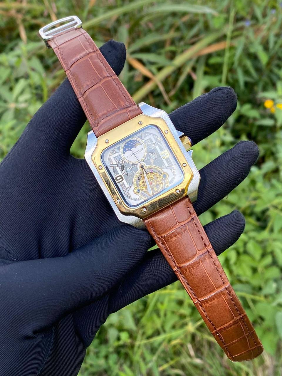 CARTIER AUTOMATIC LEATHER STRAP AUTOMATIC TOURBILLION MACHINE MOONPHASE DEPLOYANT CLASP AND ENQUIRIES