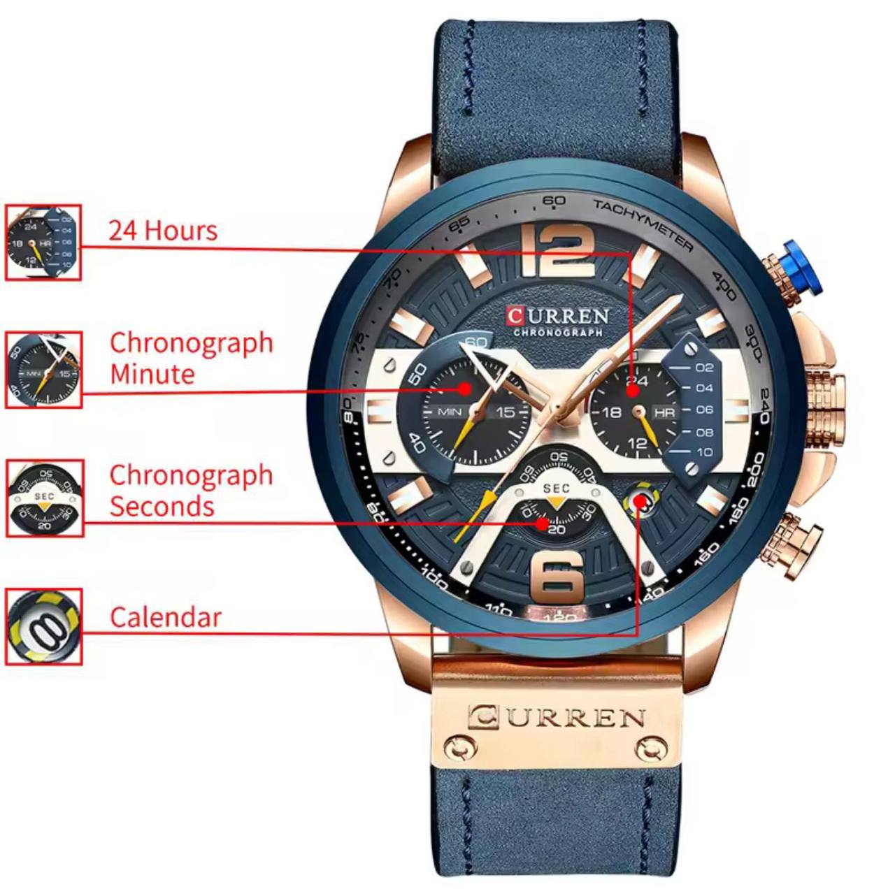 CURREN GENTS WATCH #8329 (LEATHER) WATER RESISTANT CHRONOGRAPH MOVEMENT DATE DISPLAY BATTERY POWERED ENGRAVING SERVICES CURREN BRANDED BOX ENQUIRIES