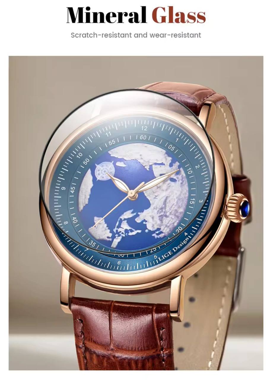 LIGE LG8963A MINERAL GLASS SCRATCH RESISTANT WATERPROOF 30M GLOWING POINTERS LEATHER STRAP LIGE BRANDED BOX ENGRAVING SERVICES ENQUIRIES