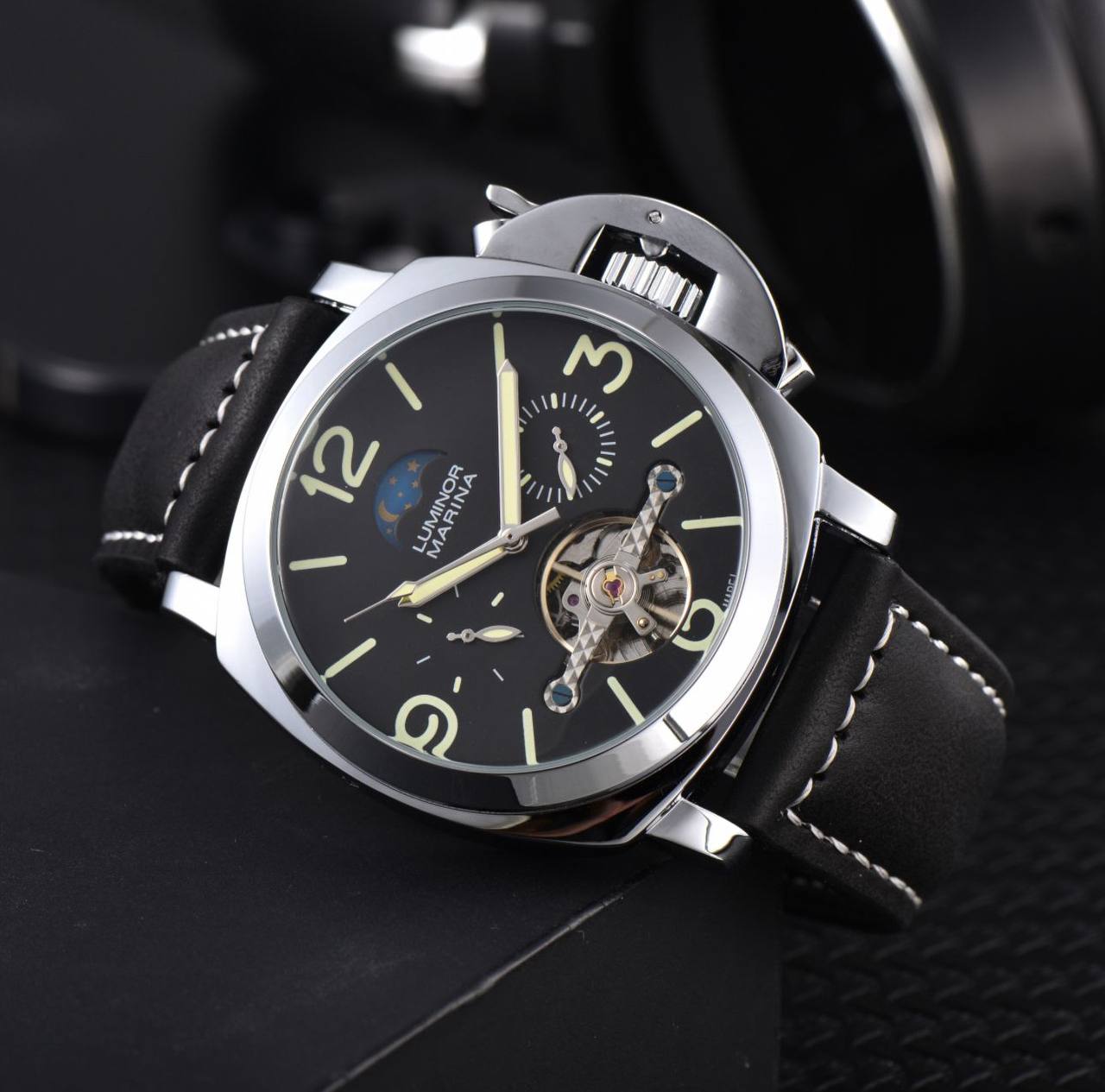 ARRIVALS PANERAI AUTOMATIC GENTS WATCH TOURBILLON MACHINE CHRONOGRAPH LEATHER STRAPS AUTOMATIC MOVEMENT WATER RESISTANT WE OFFER ENGRAVING SERVICES ENQUIRIES