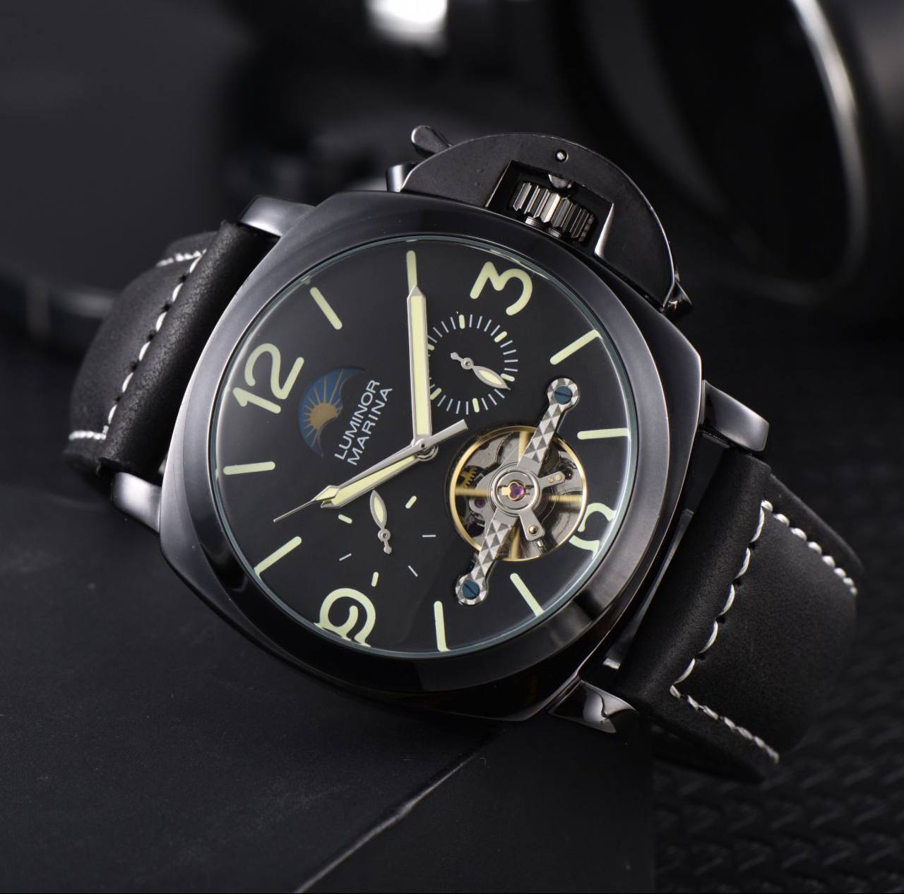 ARRIVALS PANERAI AUTOMATIC GENTS WATCH TOURBILLON MACHINE CHRONOGRAPH LEATHER STRAPS AUTOMATIC MOVEMENT WATER RESISTANT WE OFFER ENGRAVING SERVICES ENQUIRIES
