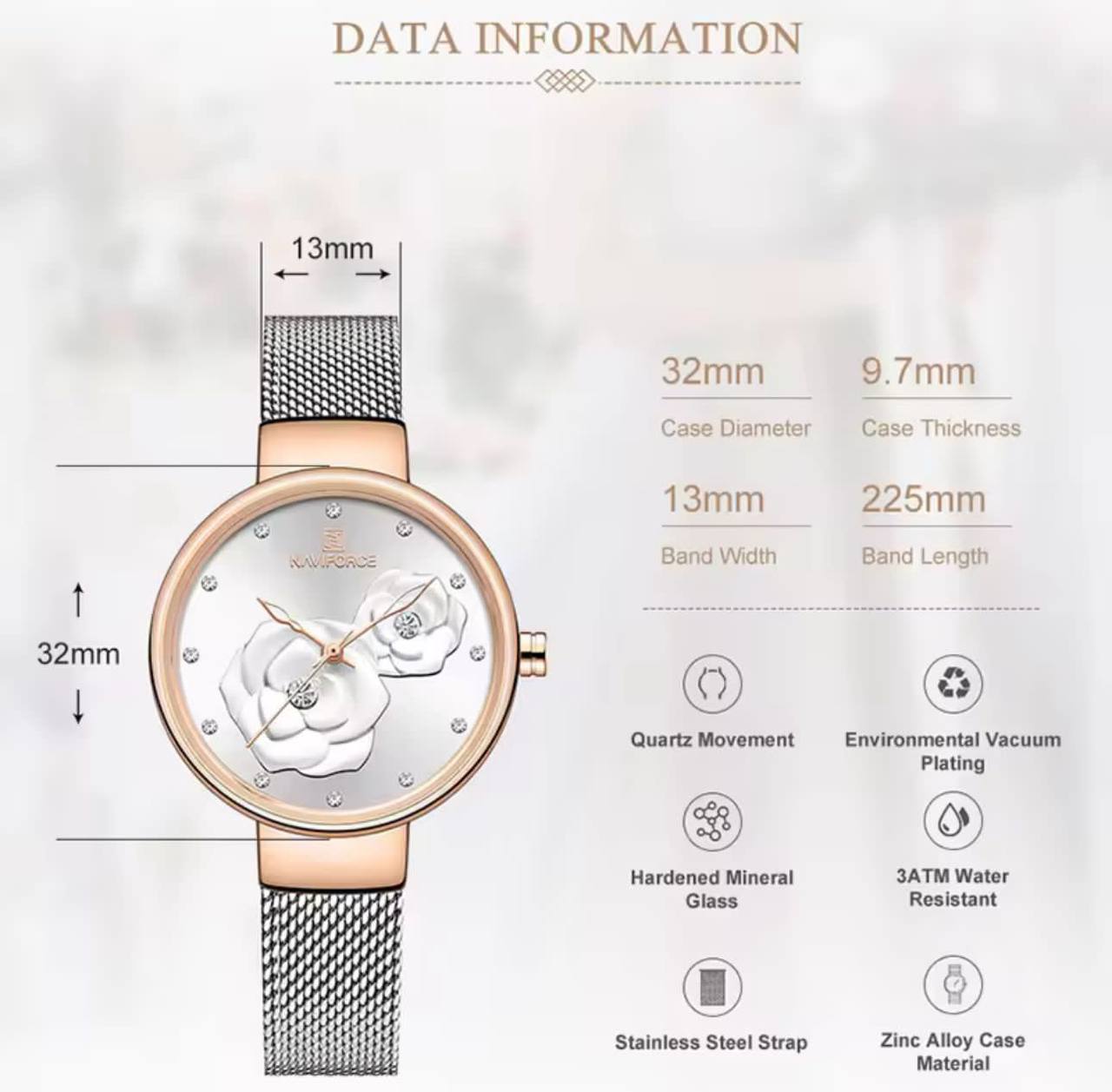 NAVIFORCE LADIES #NF5013 ADJUSTABLE MESH STRAP WATER RESISTANT ENGRAVING SERVICES FROM ENQUIRIES