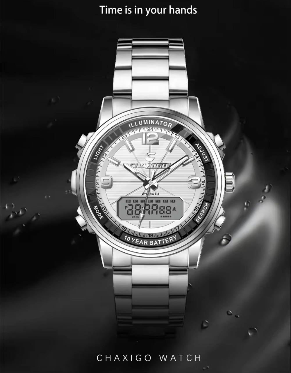 BRAND ALERT CHAXIGO DUAL TIME #7476 DUAL DISPLAY,ELECTRONIC X QUARTZ NIGHT LIGHT BUTTON 30M WATERPROOF STAINLESS STEEL STRAP HIGH STRENGTH MINERAL GLASS 10 YEARS BATTERY WE OFFER ENGRAVING SERVICES