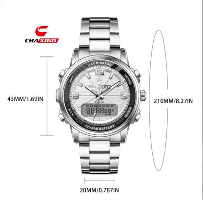 BRAND ALERT CHAXIGO DUAL TIME #7476 DUAL DISPLAY,ELECTRONIC X QUARTZ NIGHT LIGHT BUTTON 30M WATERPROOF STAINLESS STEEL STRAP HIGH STRENGTH MINERAL GLASS 10 YEARS BATTERY WE OFFER ENGRAVING SERVICES