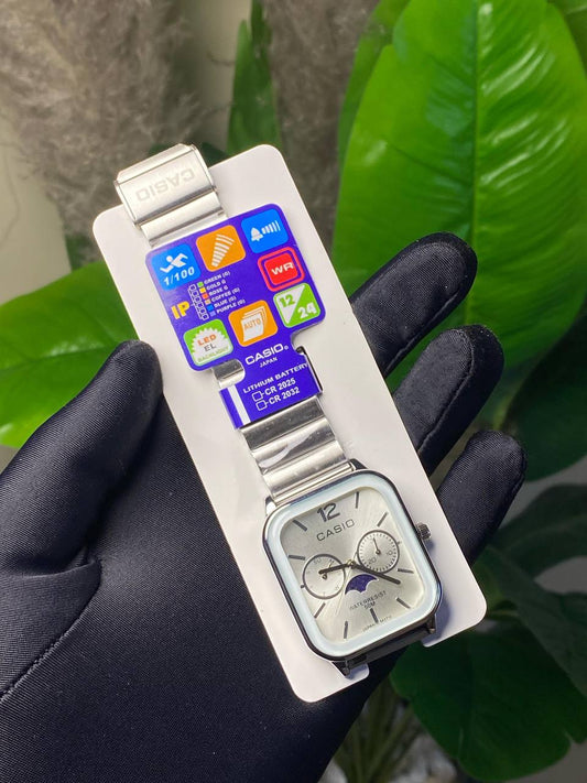 CASIO CHRONOGRAPH GENTS WATCH STAINLESS STEEL FUNCTIONAL MOONPHASE CHRONOGRAPH FUNCTIONAL WATER RESISTANT NON FADE CASIO BRANDED BOX ENGRAVING SERVICES