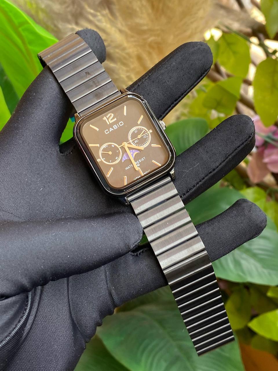 CASIO CHRONOGRAPH GENTS WATCH STAINLESS STEEL FUNCTIONAL MOONPHASE CHRONOGRAPH FUNCTIONAL WATER RESISTANT NON FADE CASIO BRANDED BOX ENGRAVING SERVICES