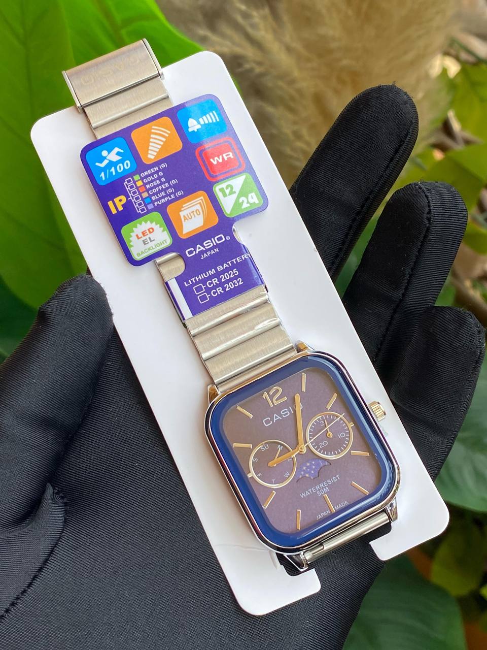 CASIO CHRONOGRAPH GENTS WATCH STAINLESS STEEL FUNCTIONAL MOONPHASE CHRONOGRAPH FUNCTIONAL WATER RESISTANT NON FADE CASIO BRANDED BOX ENGRAVING SERVICES