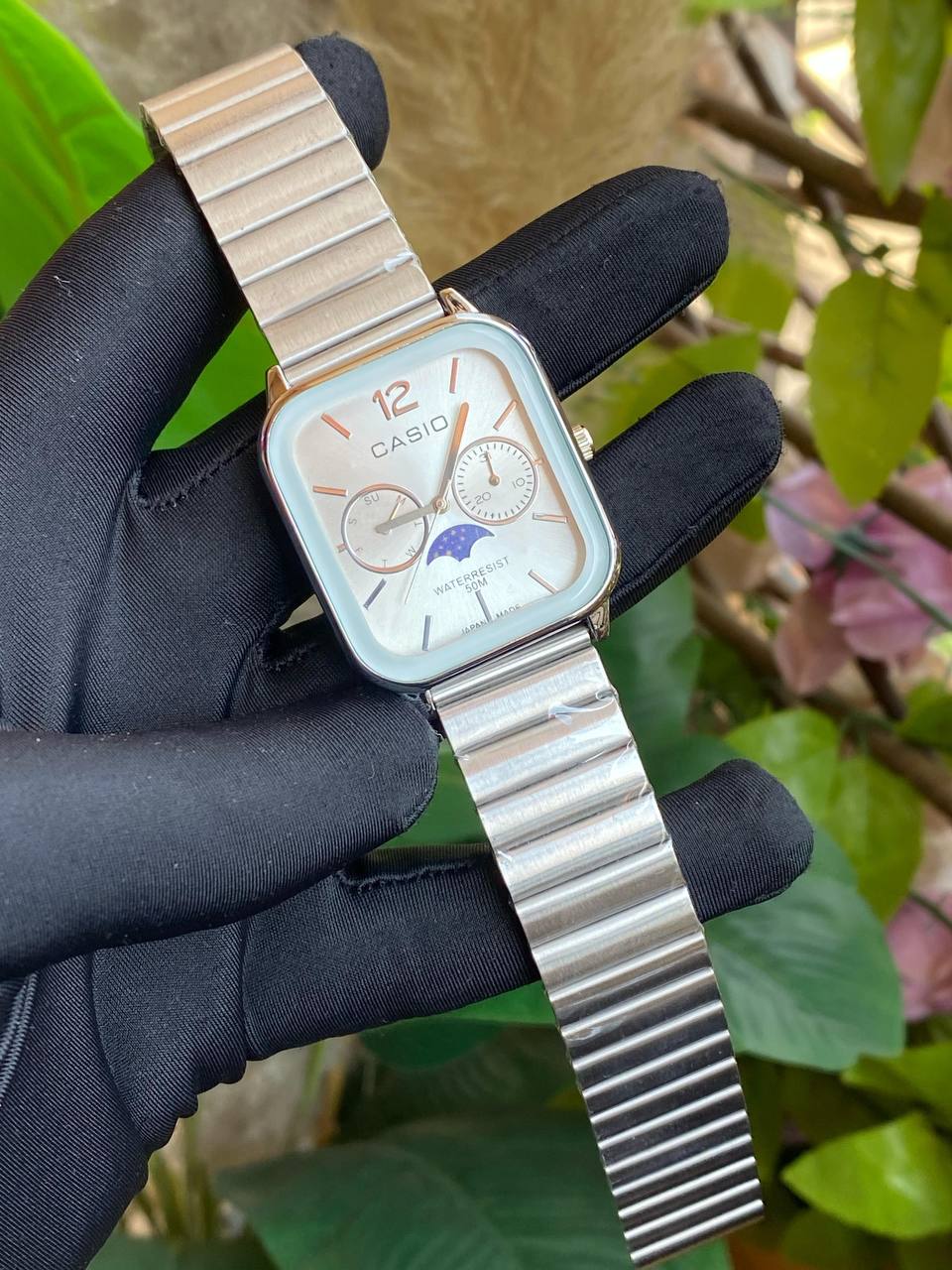 CASIO CHRONOGRAPH GENTS WATCH STAINLESS STEEL FUNCTIONAL MOONPHASE CHRONOGRAPH FUNCTIONAL WATER RESISTANT NON FADE CASIO BRANDED BOX ENGRAVING SERVICES