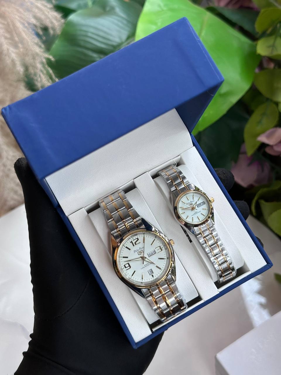 PHILIP PERSIO WATCH COUPLE SET DAY&DATE DISPLAY WATERPROOF BATTERY POWERED STRONG LUMINOUS DISPLAY TWO-TONE SILVER COUPLE BOX