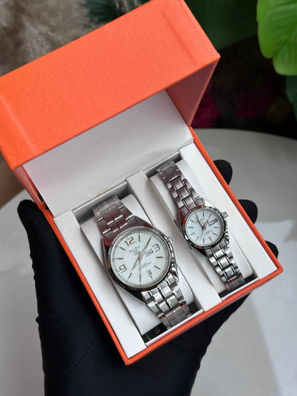 PHILIP PERSIO WATCH COUPLE SET DAY&DATE DISPLAY WATERPROOF BATTERY POWERED STRONG LUMINOUS DISPLAY TWO-TONE SILVER COUPLE BOX
