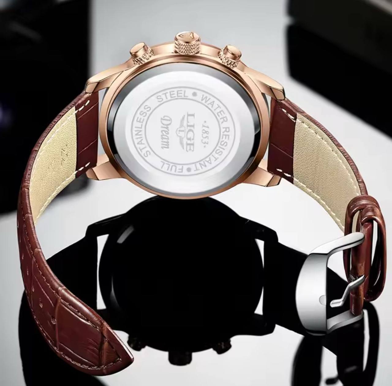 LIGE LG8932 CHRONOGRAPH BATTERY POWERED CHRONOGRAPH MOVEMENT STAINLESS STEEL DATE DISPLAY MOON PHASE FUNCTION COMES A BRANDED BOX ORDER AND ENQUIRIES