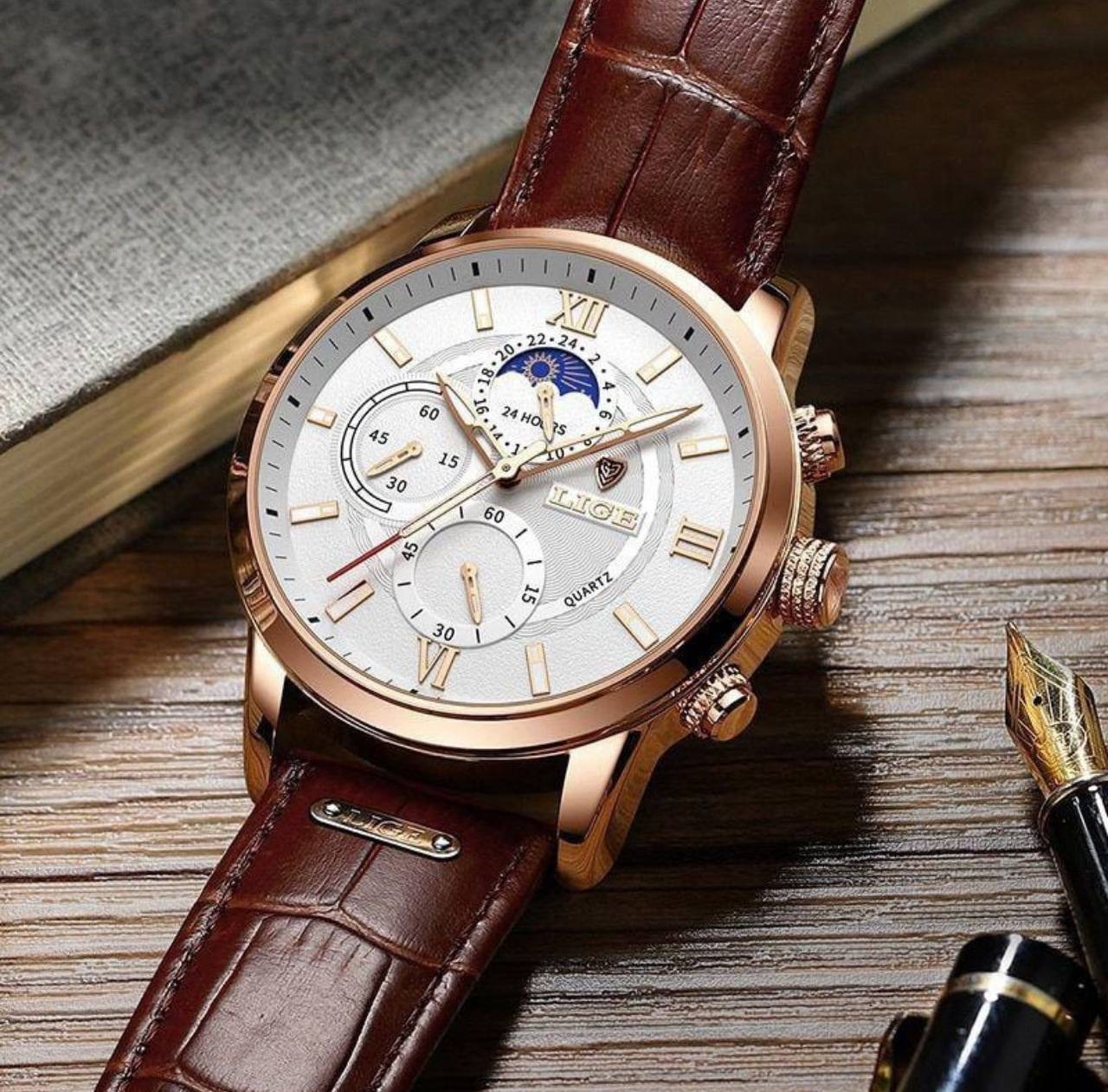 LIGE LG8932 CHRONOGRAPH BATTERY POWERED CHRONOGRAPH MOVEMENT STAINLESS STEEL DATE DISPLAY MOON PHASE FUNCTION COMES A BRANDED BOX ORDER AND ENQUIRIES
