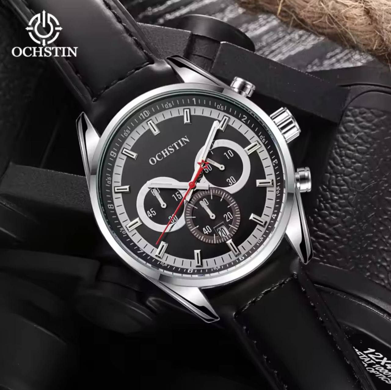 🟢BRAND ALERT OCHSTIN CHRONOGRAPH GENTS WATCH DATE DISPLAY CHRONOGRAPH MOVEMENT BATTERY POWERED FINELY POLISHED LEATHER STRAPS WATER RESISTANT ENGRAVING SERVICES ENQUIRIES