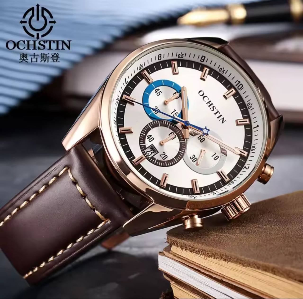 🟢BRAND ALERT OCHSTIN CHRONOGRAPH GENTS WATCH DATE DISPLAY CHRONOGRAPH MOVEMENT BATTERY POWERED FINELY POLISHED LEATHER STRAPS WATER RESISTANT ENGRAVING SERVICES ENQUIRIES