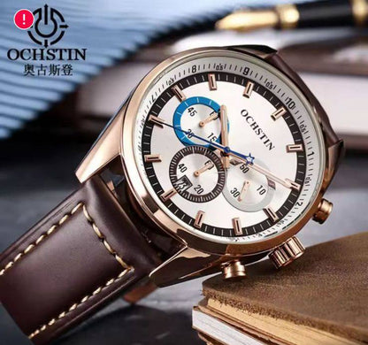 🟢BRAND ALERT OCHSTIN CHRONOGRAPH GENTS WATCH DATE DISPLAY CHRONOGRAPH MOVEMENT BATTERY POWERED FINELY POLISHED LEATHER STRAPS WATER RESISTANT ENGRAVING SERVICES ENQUIRIES