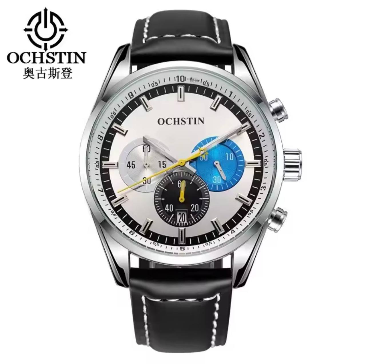 🟢BRAND ALERT OCHSTIN CHRONOGRAPH GENTS WATCH DATE DISPLAY CHRONOGRAPH MOVEMENT BATTERY POWERED FINELY POLISHED LEATHER STRAPS WATER RESISTANT ENGRAVING SERVICES ENQUIRIES