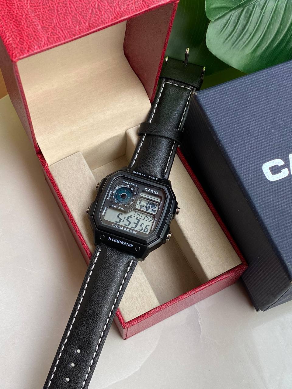 CASIO WORLDTIME WATCH WORLD TIME COUNT DOWN TIMER 5 ALARMS BATTERY POWERED LEATHER STRAP WATER RESISTANT CASIO BRANDED BLUE BOX ENQUIRIES