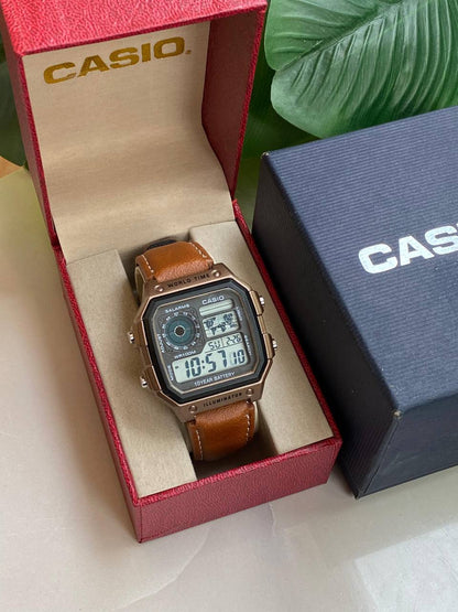 CASIO WORLDTIME WATCH WORLD TIME COUNT DOWN TIMER 5 ALARMS BATTERY POWERED LEATHER STRAP WATER RESISTANT CASIO BRANDED BLUE BOX ENQUIRIES