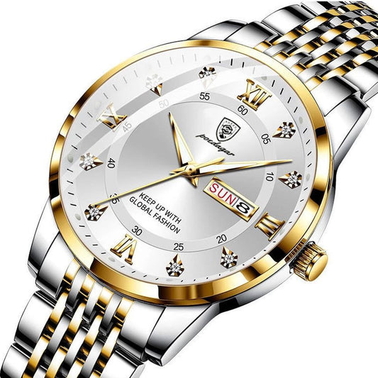 POEDAGAR 3ATM WATER RESISTANT DAY AND DATE DISPLAY STAINLESS STEEL FINISH COLOURS TWOTONE WHITE FACE TWOTONE BLACK FACE SILVER BLACK FACE
