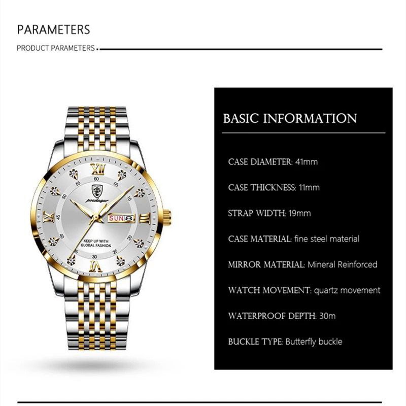 POEDAGAR 3ATM WATER RESISTANT DAY AND DATE DISPLAY STAINLESS STEEL FINISH COLOURS TWOTONE WHITE FACE TWOTONE BLACK FACE SILVER BLACK FACE