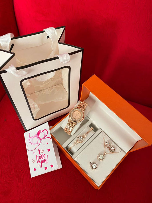 SET OF WATCH NECKLACE EARRINGS RING BRACELET + CARD AND BAG