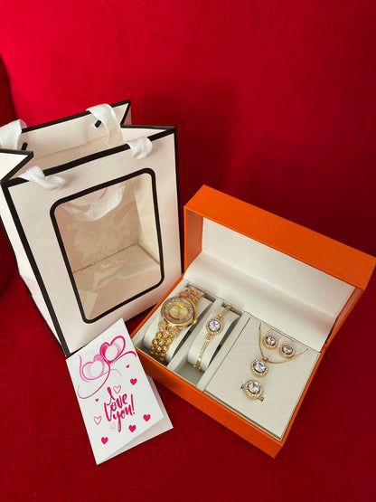 SET OF WATCH NECKLACE EARRINGS RING BRACELET + CARD AND BAG