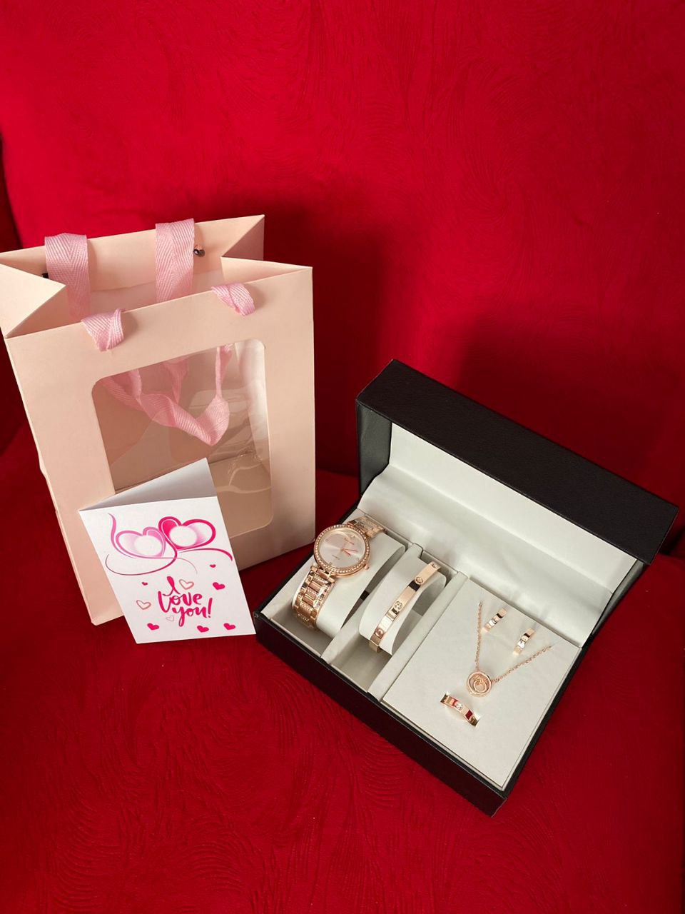 SET OF WATCH NECKLACE EARRINGS RING BRACELET + CARD AND BAG