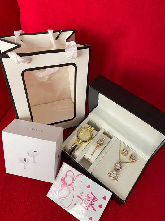 SET OF WATCH NECKLACE EARRINGS RING BRACELET AIRPODS + CARD AND BAG
