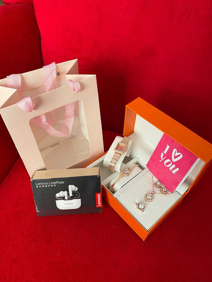 SET OF WATCH NECKLACE EARRINGS RING BRACELET LENOVO LIVEPODS + CARD AND BAG