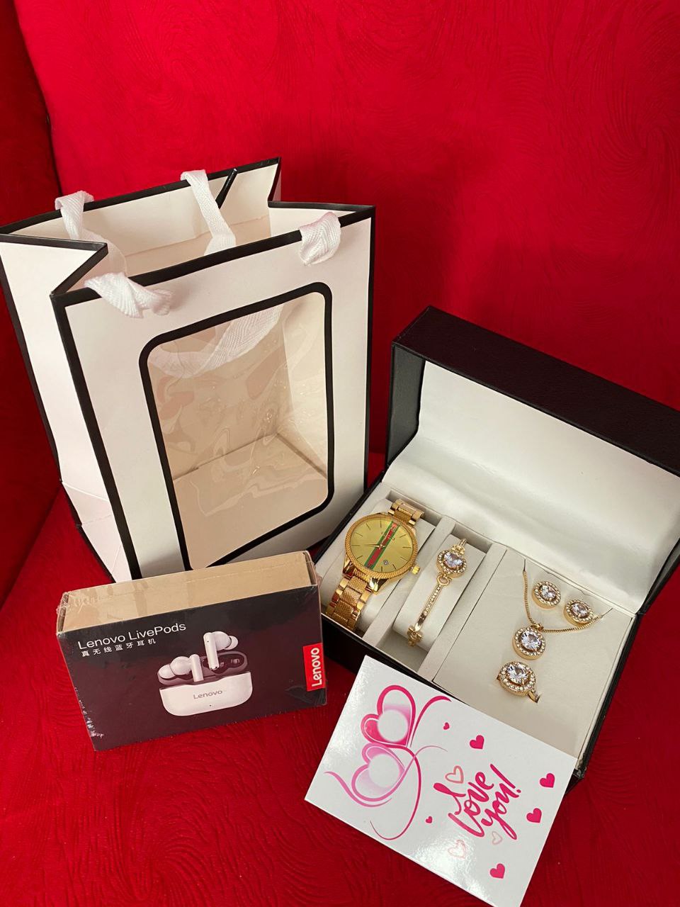 SET OF WATCH NECKLACE EARRINGS RING BRACELET LENOVO LIVEPODS + CARD AND BAG