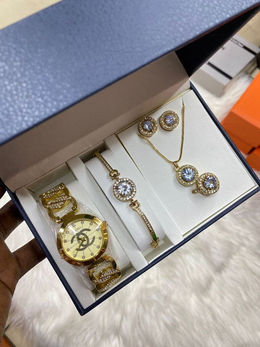 A SET OF WATCH BRACELET RING NECKLACE EARRINGS