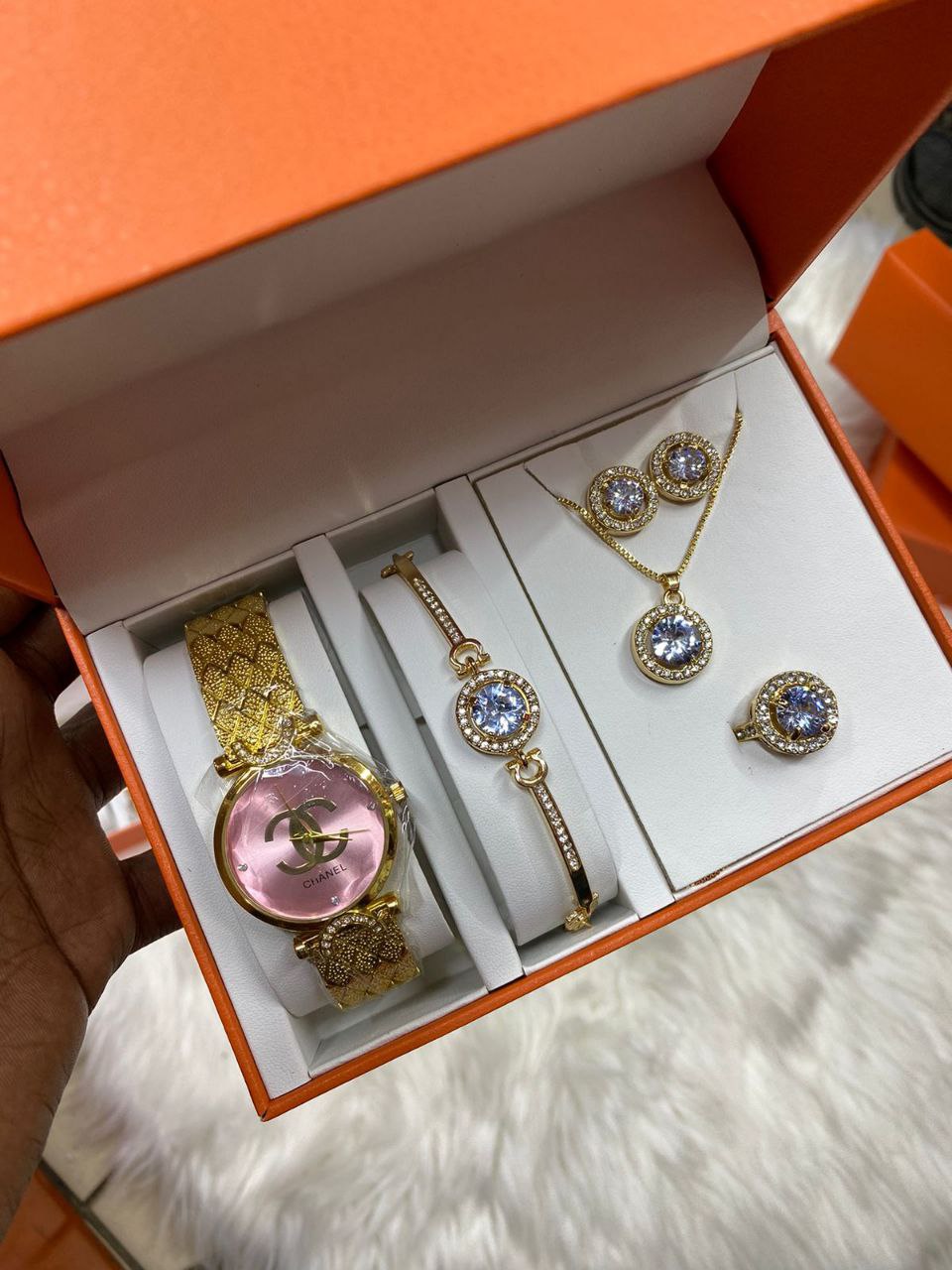A SET OF WATCH BRACELET RING NECKLACE EARRINGS